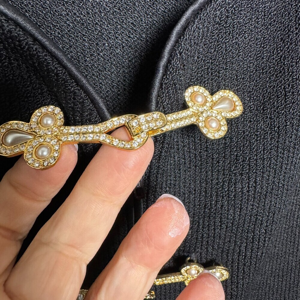 St. John Evening Santana Knit Suit Jacket Skirt Black Gold Frog Closure size 10 - Picture 13 of 14